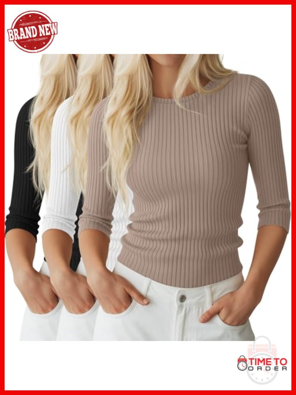 3 Pack 3/4 Sleeve Tops for Women Cotton Knit Ribbed Tees Slim Fit Crew Neck